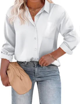 IN'VOLAND Womens Plus Size Satin Silk Button Down Shirt V Neck Long Sleeve Casual Collared Work Blouse Tops with Pocket
