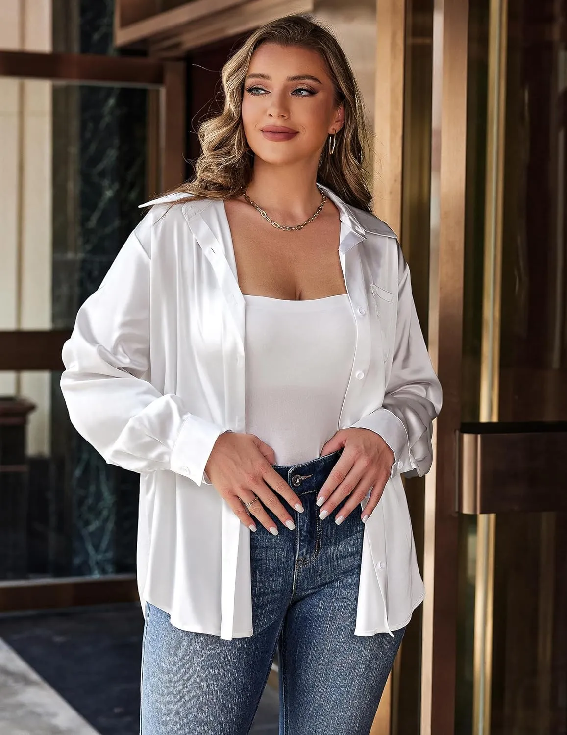 IN'VOLAND Womens Plus Size Satin Silk Button Down Shirt V Neck Long Sleeve Casual Collared Work Blouse Tops with Pocket
