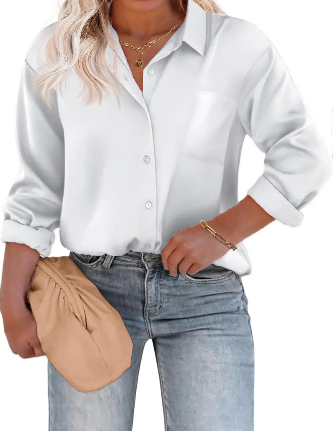 IN'VOLAND Womens Plus Size Satin Silk Button Down Shirt V Neck Long Sleeve Casual Collared Work Blouse Tops with Pocket