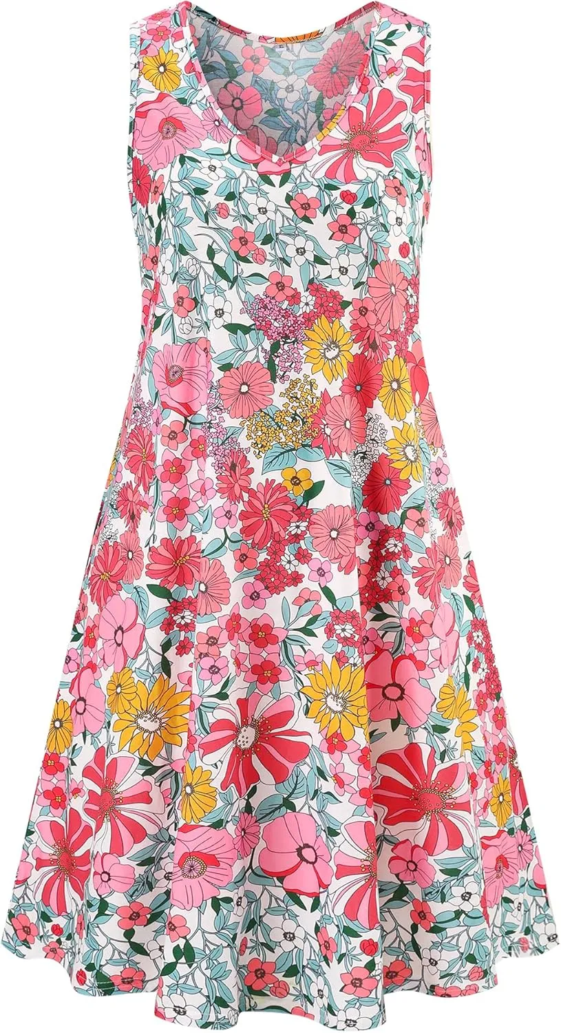 Ivicoer Women's Summer Beach Dresses V-Neck Floral Printed Tank Swing Dress Plus Size with Pocket(L-5XL)