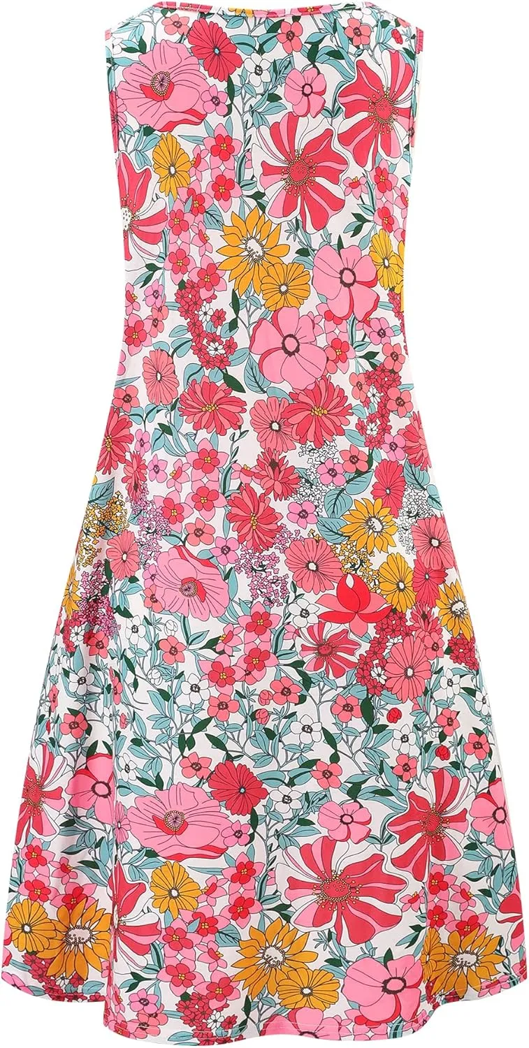 Ivicoer Women's Summer Beach Dresses V-Neck Floral Printed Tank Swing Dress Plus Size with Pocket(L-5XL)