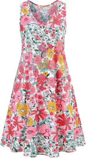 Ivicoer Women's Summer Beach Dresses V-Neck Floral Printed Tank Swing Dress Plus Size with Pocket(L-5XL)