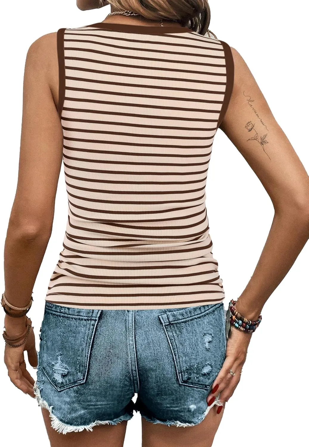 LilyCoco Womens Ribbed Tank Tops Striped Shirt Crew Neck Sleeveless Side Ruched Top