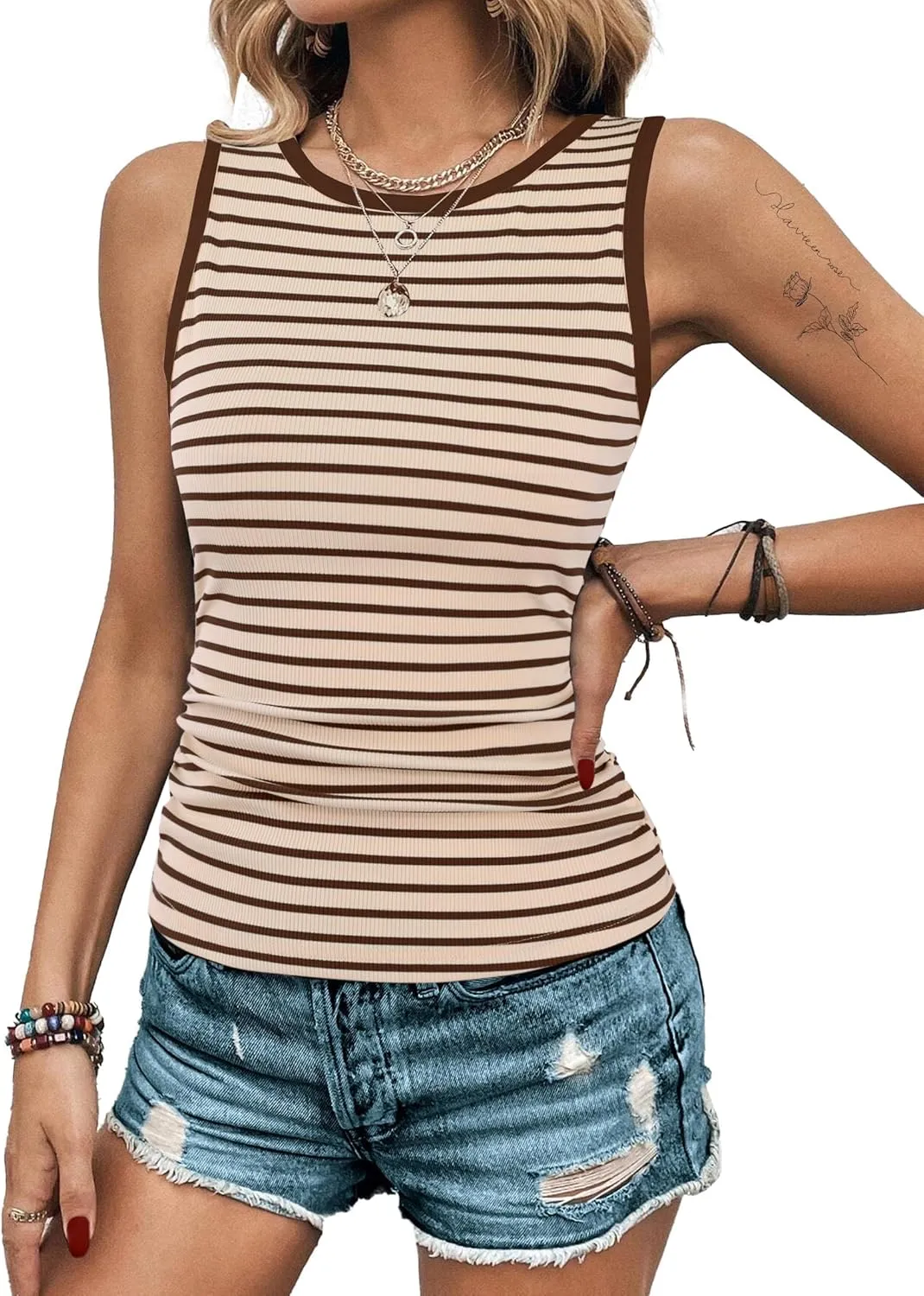 LilyCoco Womens Ribbed Tank Tops Striped Shirt Crew Neck Sleeveless Side Ruched Top