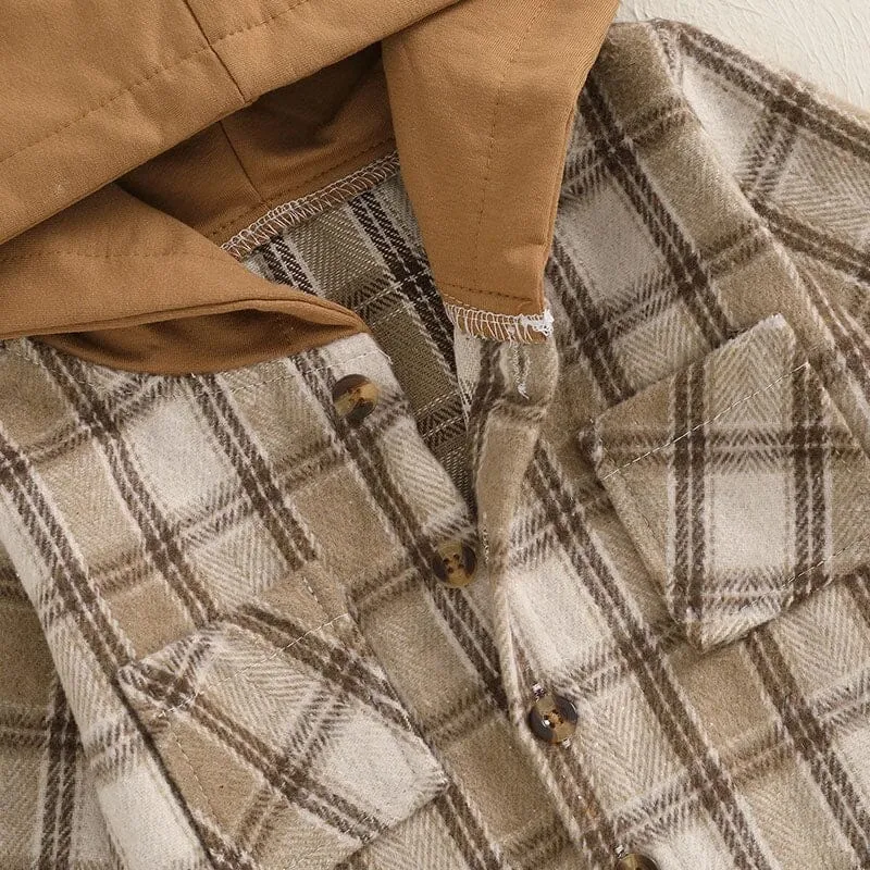 Long Sleeve Plaid Hooded Baby Shirt