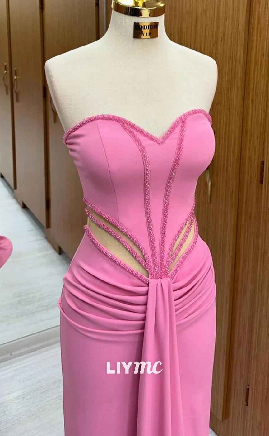 LP1340 - Cute Mermaid Colum  Strapless Pink Ruched Long Party Prom Dress