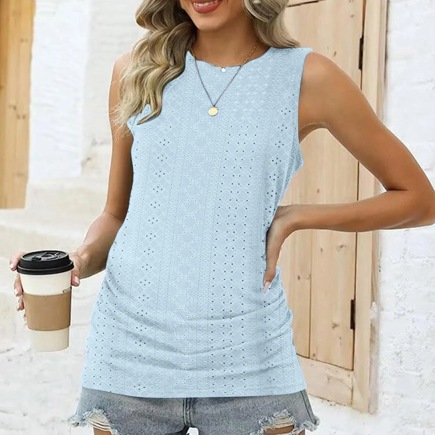 LRMQS Womens Tank Tops Loose Fit Summer 2024 Dressy Casual Eyelet Embroidery Trendy Sleeveless Shirts Beach Vacation Clothing