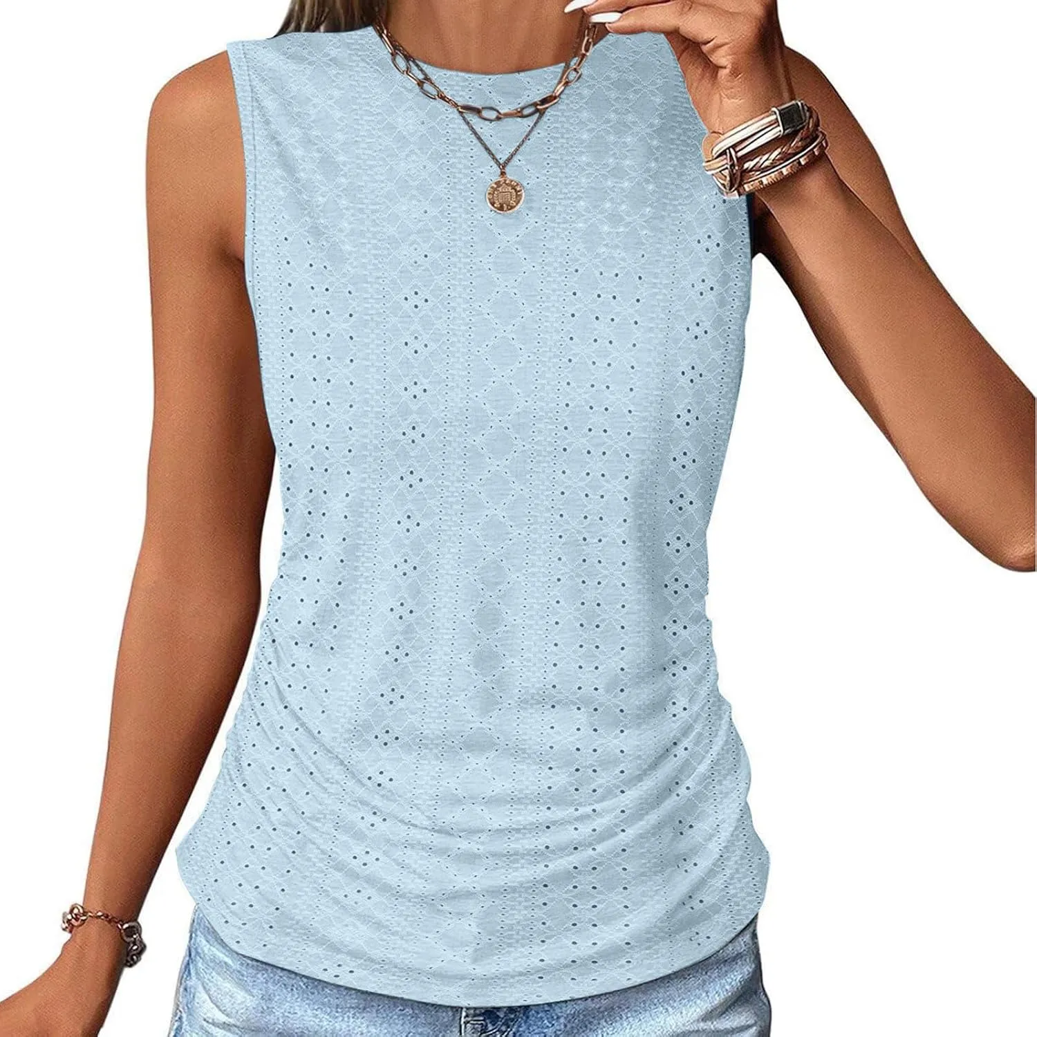 LRMQS Womens Tank Tops Loose Fit Summer 2024 Dressy Casual Eyelet Embroidery Trendy Sleeveless Shirts Beach Vacation Clothing