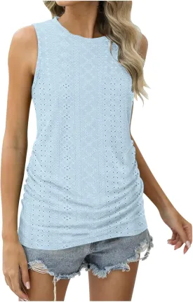 LRMQS Womens Tank Tops Loose Fit Summer 2024 Dressy Casual Eyelet Embroidery Trendy Sleeveless Shirts Beach Vacation Clothing