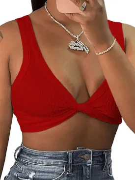 MakeMeChic Women's Crop Tank Top Ribbed Twist Front Sexy Cute Going Out Tops