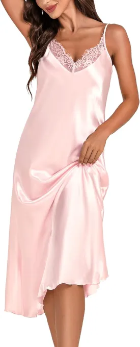 Marvmys Womens Satin Long Nightgown Lace Trim Silk Lingerie Slip Dress Sexy Spaghetti Strap Nightdress