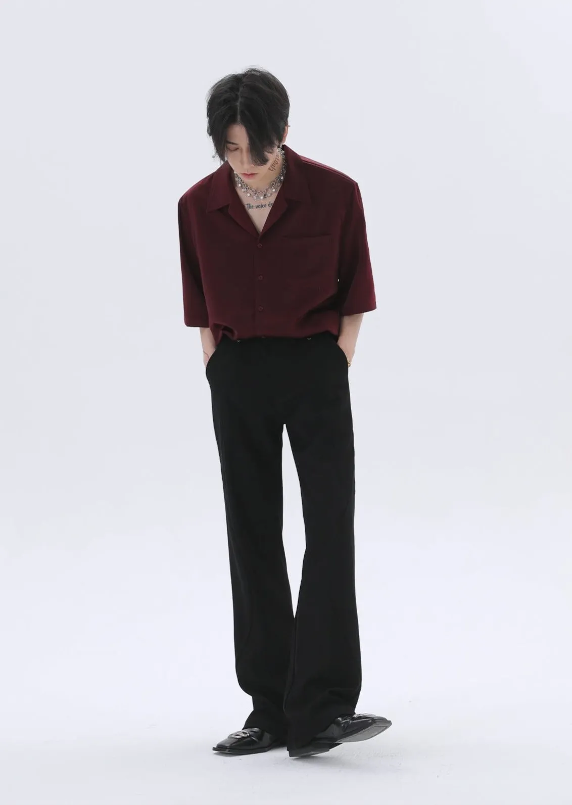 Oversized Silk Short Sleeve Shoulder-Padded Shirt