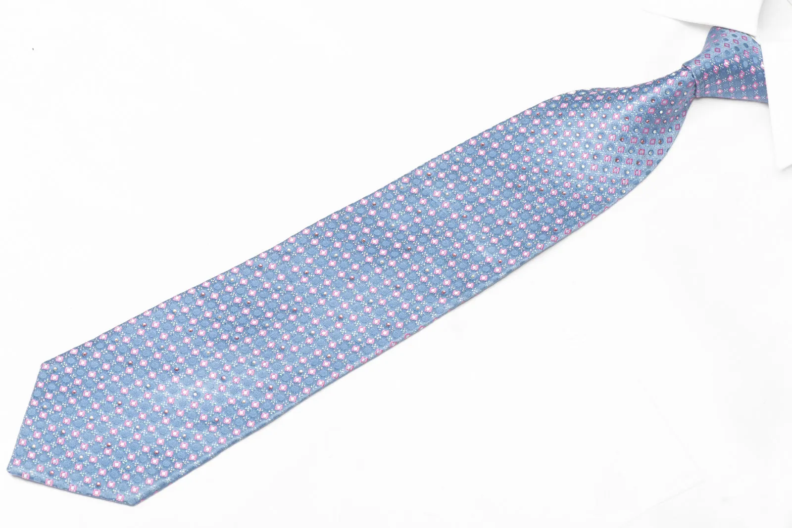 Pink Micro Square Design On Mauve Rhinestone Silk Necktie With Sparkles