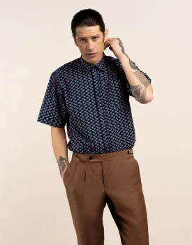 Raglan Blue and Brown Geometric Print Short Sleeve Shirt