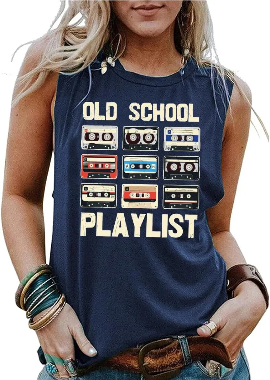 Retro 80s Tank Tops Women Vintage Cassette Tape Graphic Tees Old School Playlist Shirt Casual Loose Sleeveless Tops