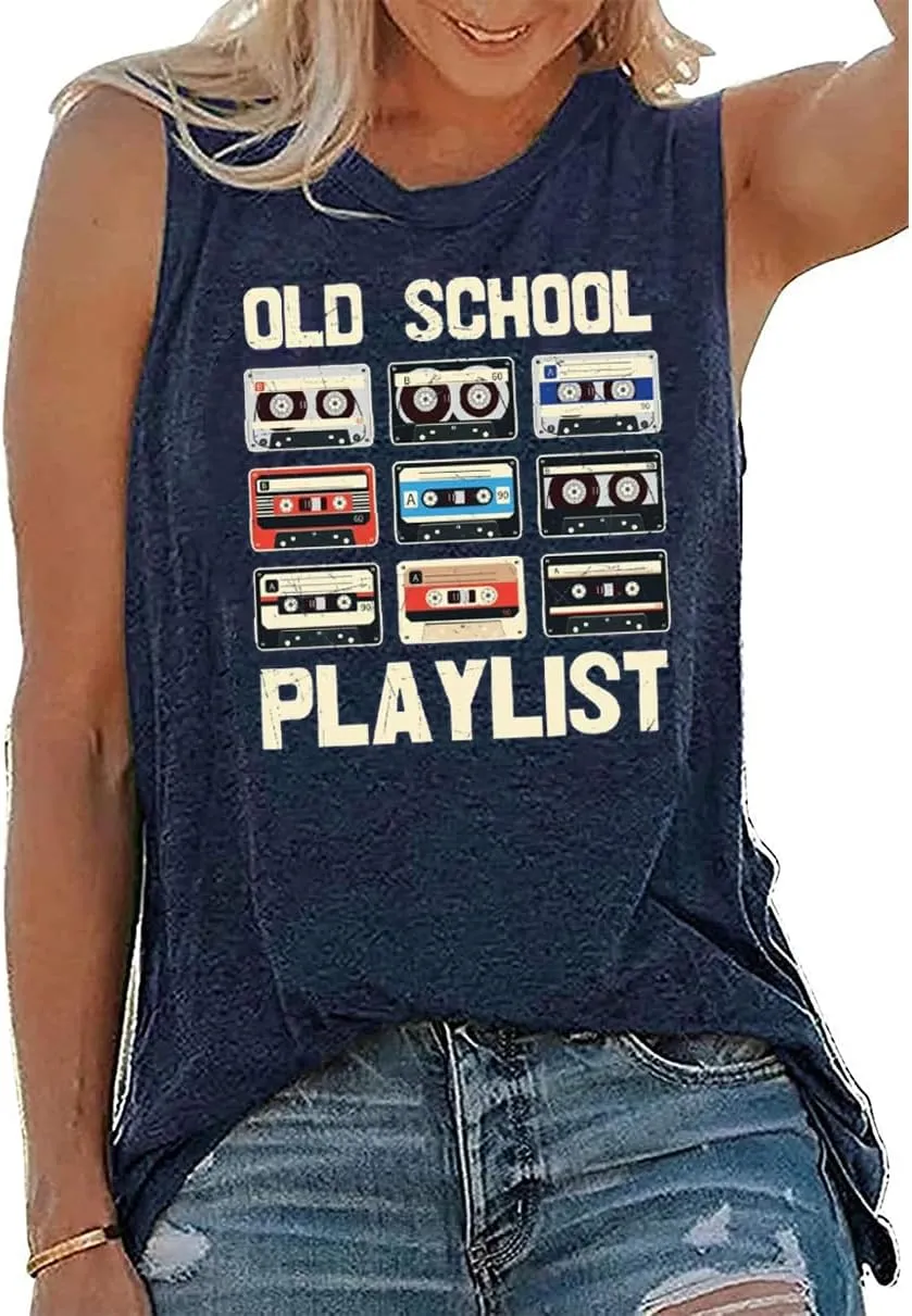 Retro 80s Tank Tops Women Vintage Cassette Tape Graphic Tees Old School Playlist Shirt Casual Loose Sleeveless Tops