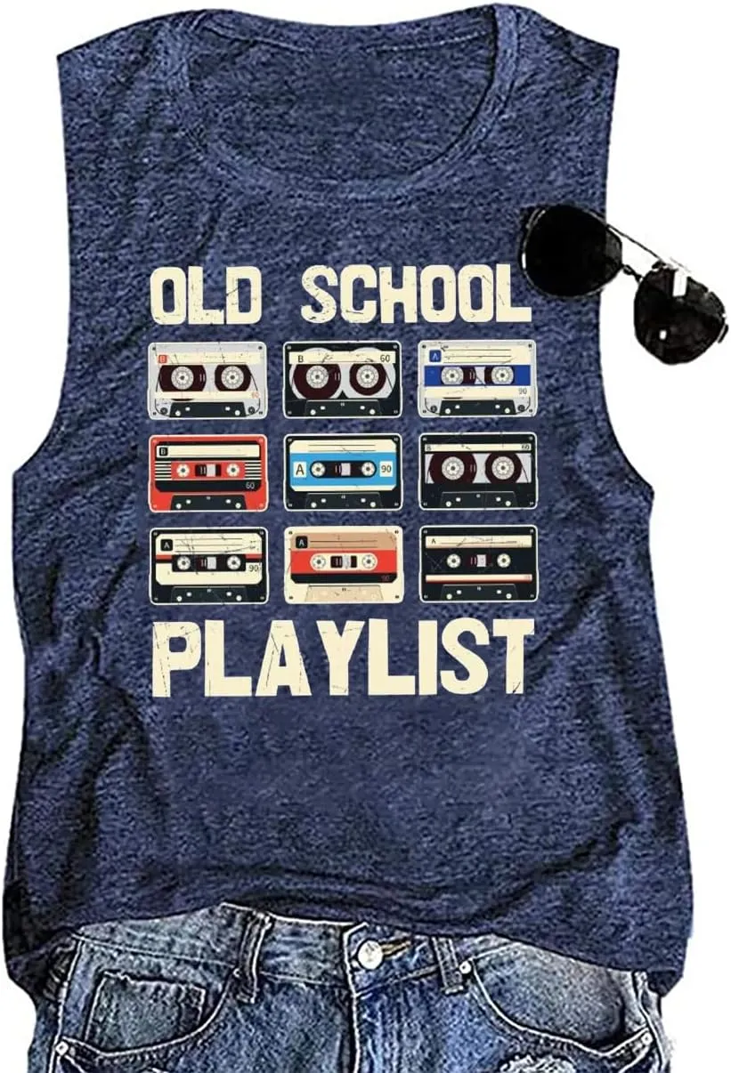 Retro 80s Tank Tops Women Vintage Cassette Tape Graphic Tees Old School Playlist Shirt Casual Loose Sleeveless Tops