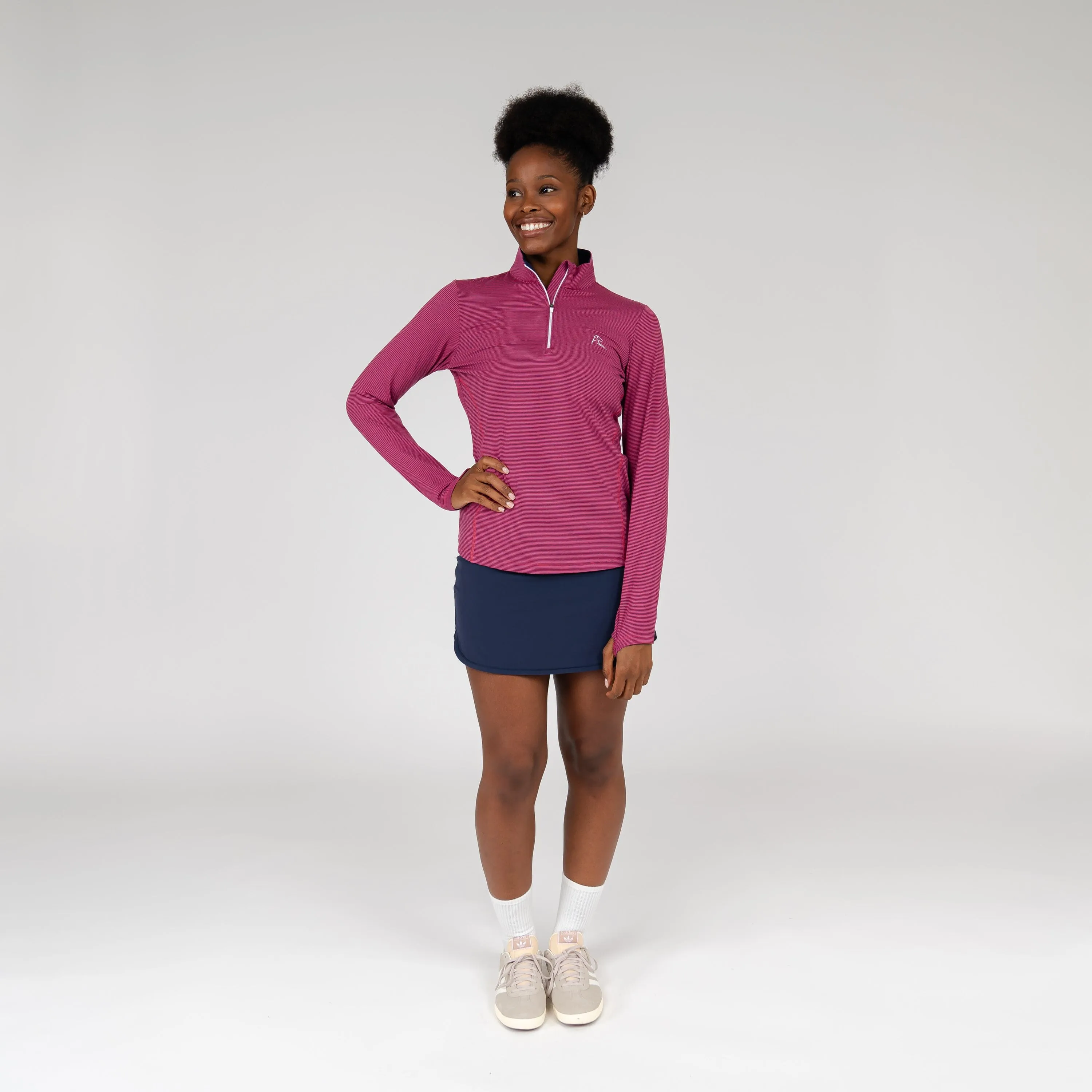 Riva Heather Stripe Performance Q-Zip | The Riva Heather Stripe - Raspberry/Midnight Blue