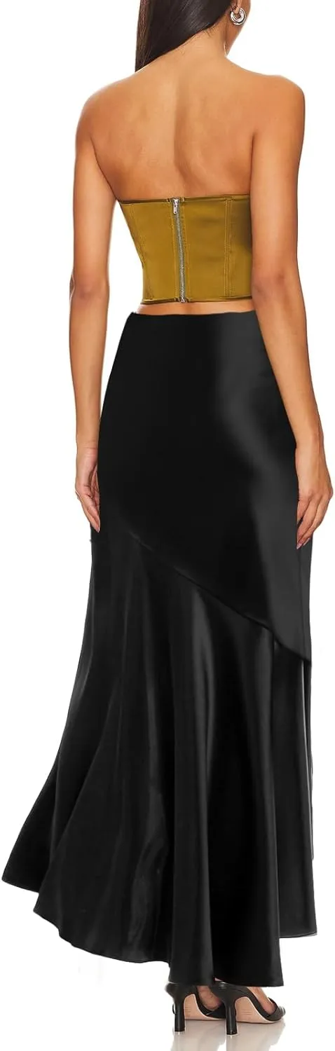 SEBOWEL Women Satin Maxi Long Skirt Silk Side Tie A Line Swing Midi Skirt Silky Flowy Ruffle Pleated Cocktail Party Skirts