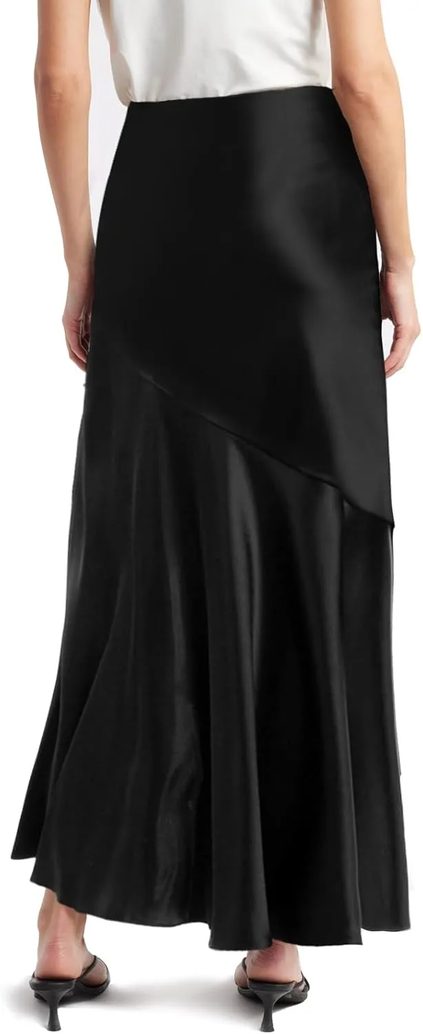 SEBOWEL Women Satin Maxi Long Skirt Silk Side Tie A Line Swing Midi Skirt Silky Flowy Ruffle Pleated Cocktail Party Skirts