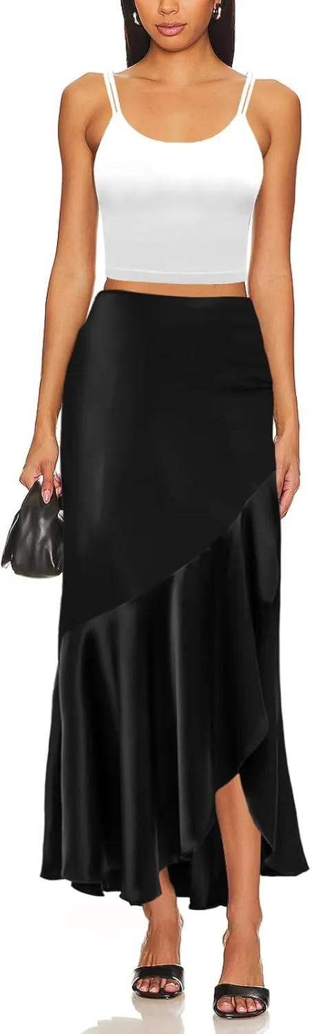 SEBOWEL Women Satin Maxi Long Skirt Silk Side Tie A Line Swing Midi Skirt Silky Flowy Ruffle Pleated Cocktail Party Skirts