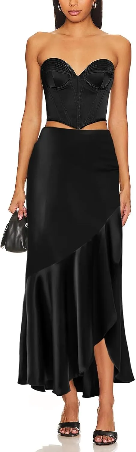 SEBOWEL Women Satin Maxi Long Skirt Silk Side Tie A Line Swing Midi Skirt Silky Flowy Ruffle Pleated Cocktail Party Skirts