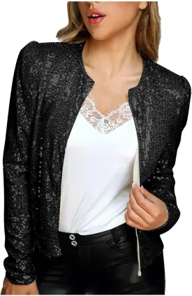 Sequin Jackets for Women Evening Party Glitter Tops Front Zip Long Sleeve Jackets Fashion Sparkly Bomber Clothes