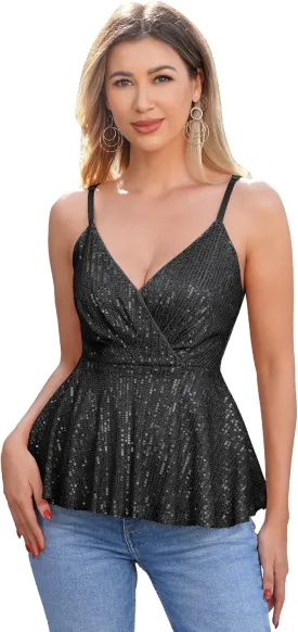 Sequin Tops for Women Casual V Neck Strappy Sparkle Tanks Tops Shimmer Camisole Tops Sleeveless Party Club Cami Vest Shirts