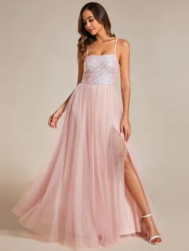 Sequin Tulle Spaghetti Strap High Split Bridesmaid Dress