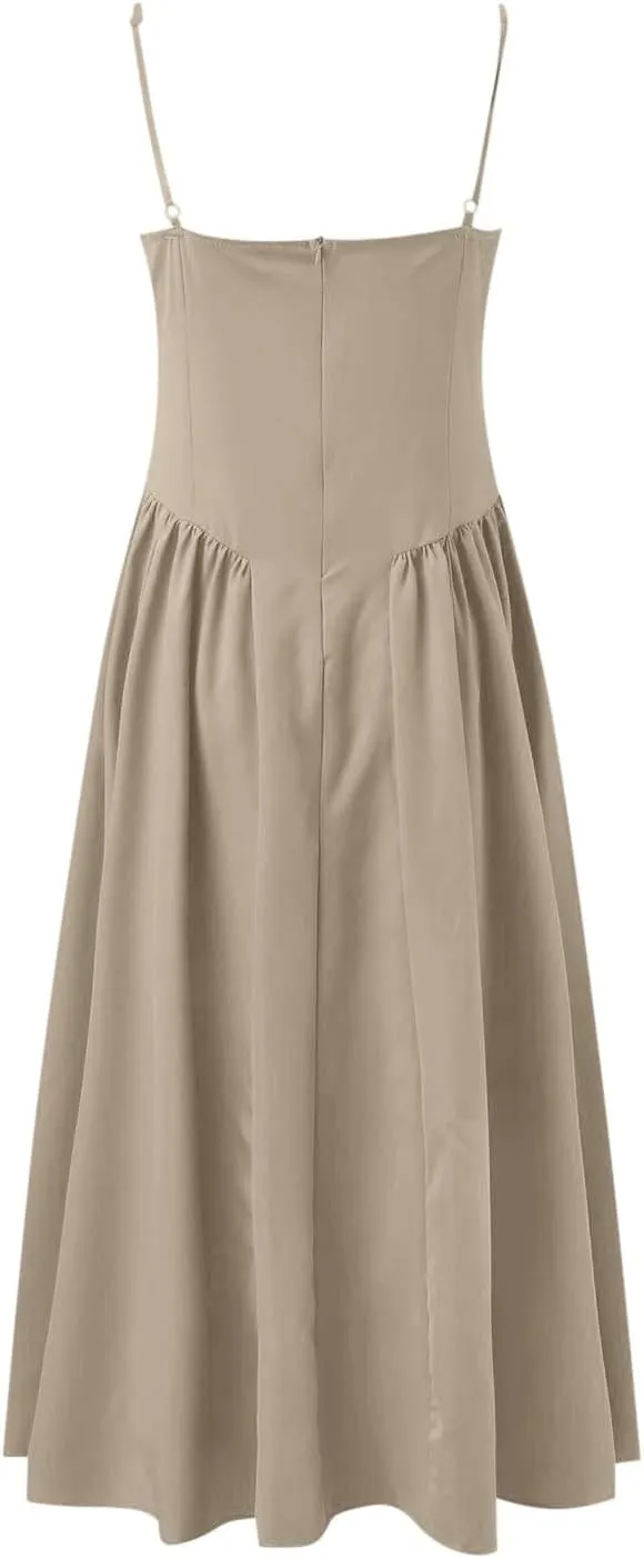 Sexy Midi Corset Dresses for Women Sleeveless Spaghetti Strap Low Cut Flowy Pleated Hem Gown Dress with Pockets