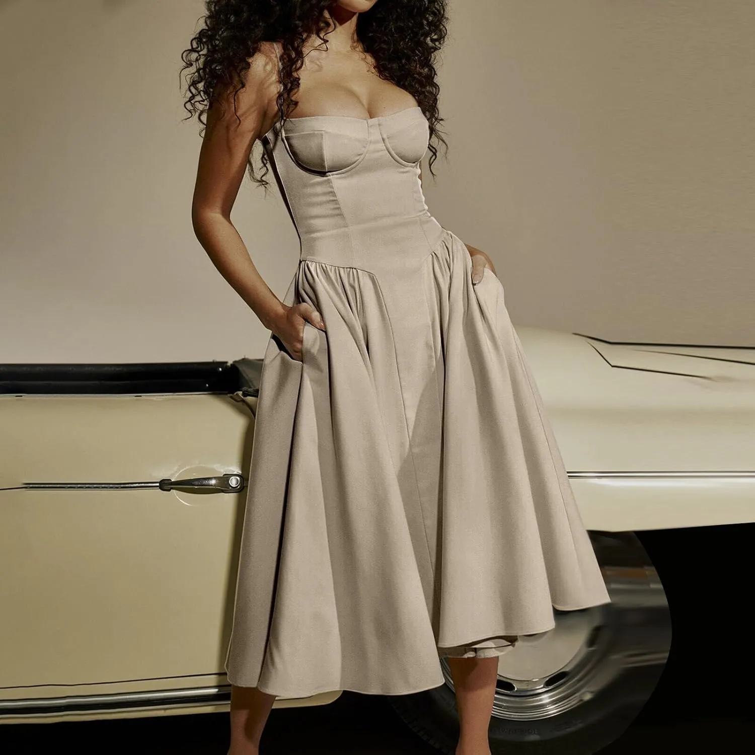 Sexy Midi Corset Dresses for Women Sleeveless Spaghetti Strap Low Cut Flowy Pleated Hem Gown Dress with Pockets