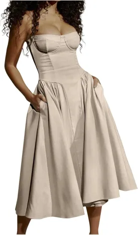 Sexy Midi Corset Dresses for Women Sleeveless Spaghetti Strap Low Cut Flowy Pleated Hem Gown Dress with Pockets
