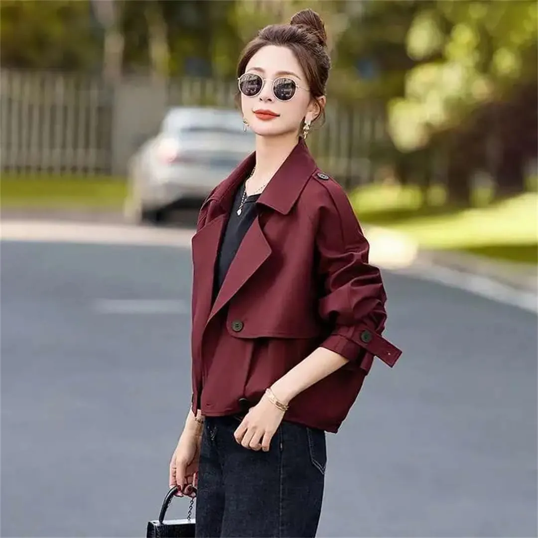 Short Trench Coat Women'S Lapel Loose Double Breasted Long Sleeves Casual Jacket