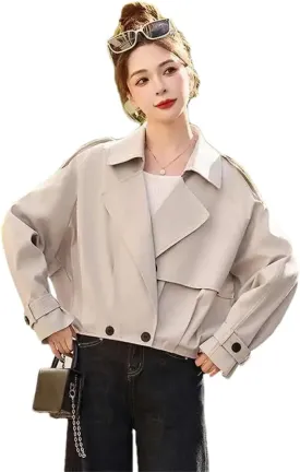 Short Trench Coat Women'S Lapel Loose Double Breasted Long Sleeves Casual Jacket