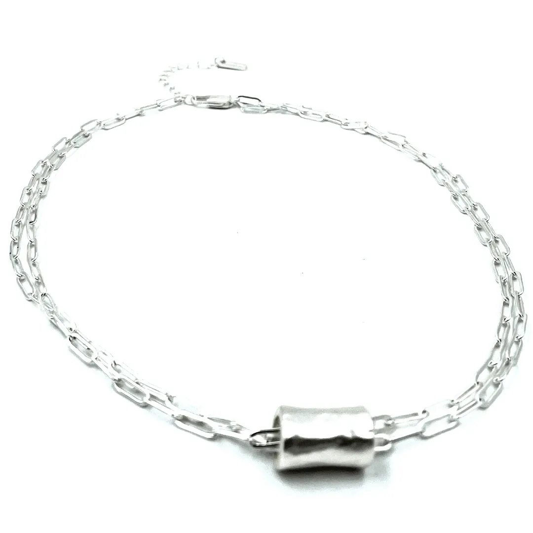 Silver Barrel on Double Silver Paperclip Necklace