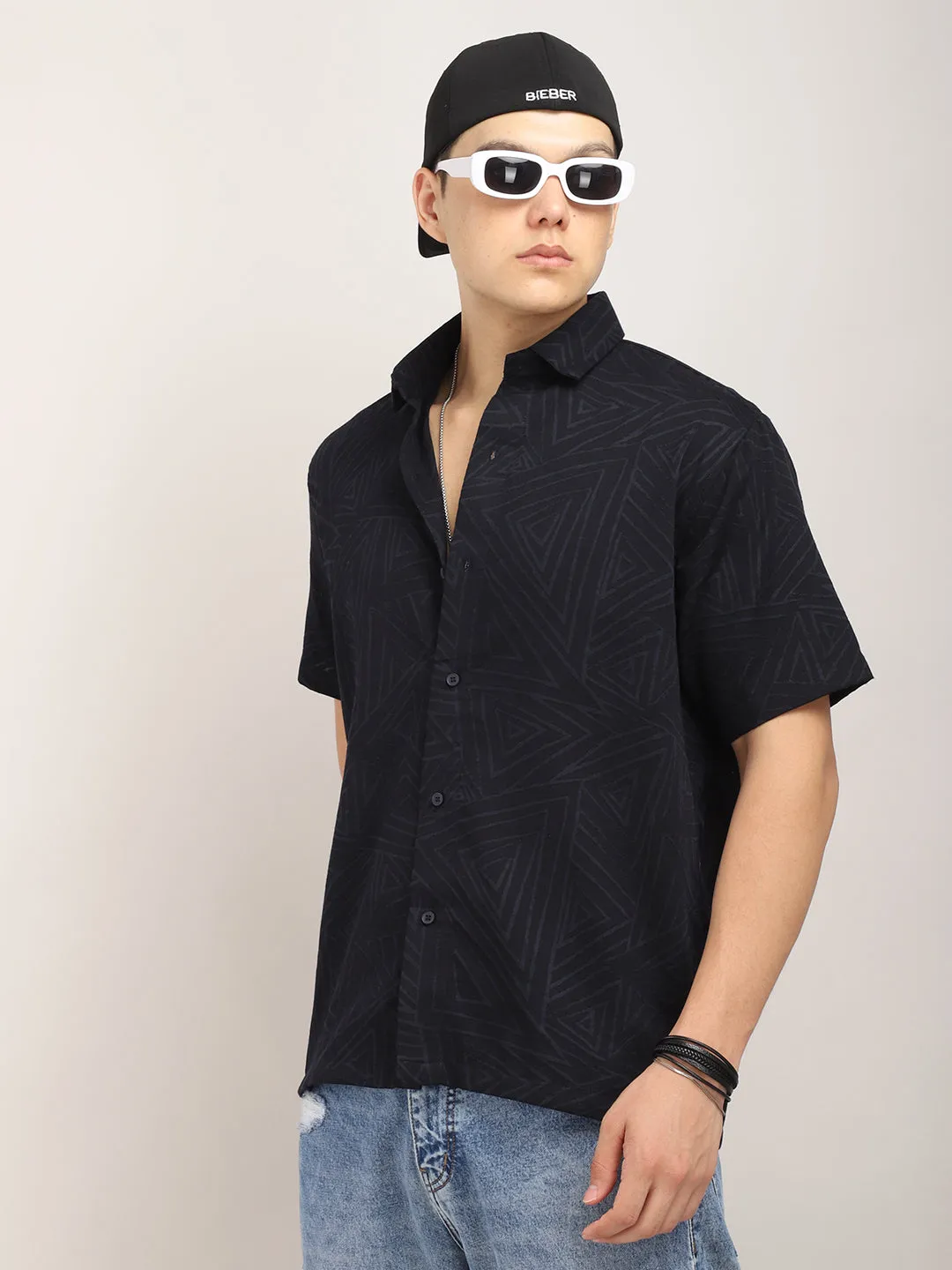 Slumberquilt Black Self-Design Half Sleeve Shirt