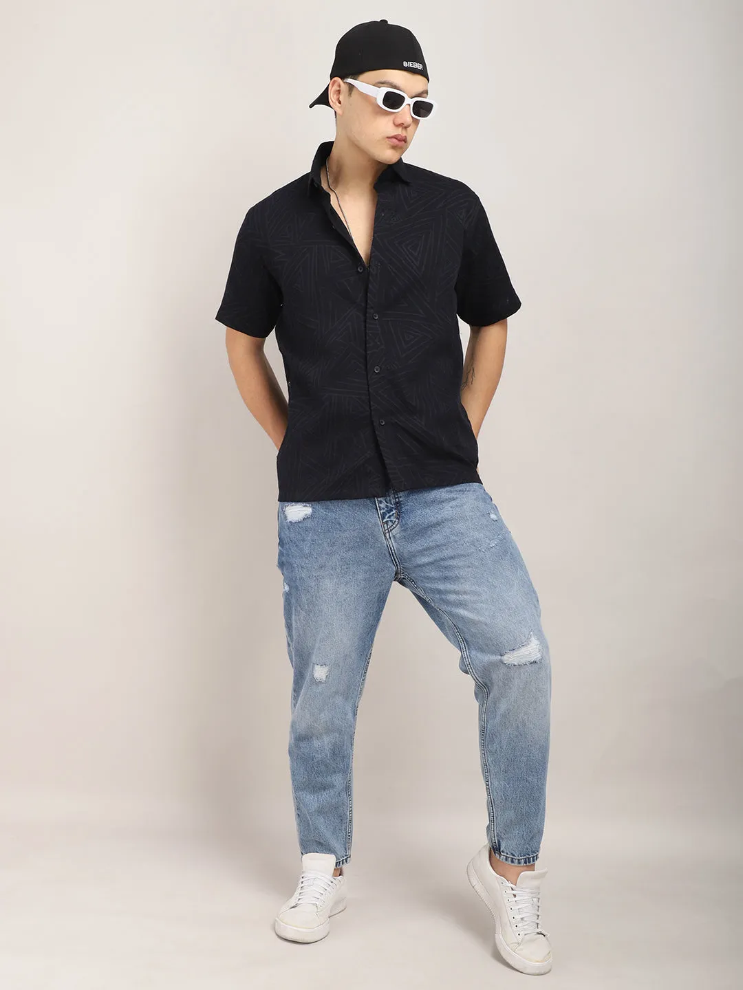 Slumberquilt Black Self-Design Half Sleeve Shirt