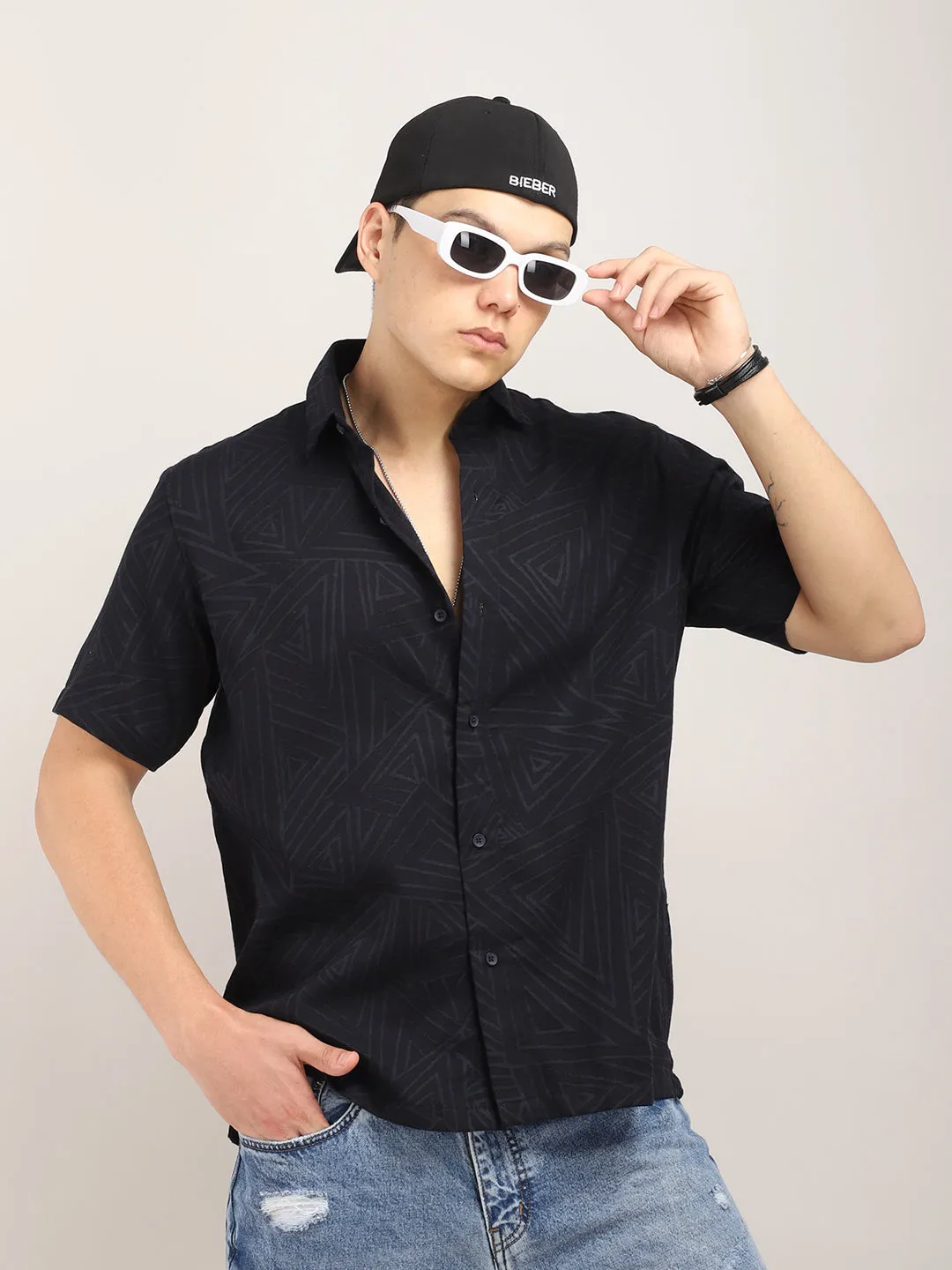 Slumberquilt Black Self-Design Half Sleeve Shirt