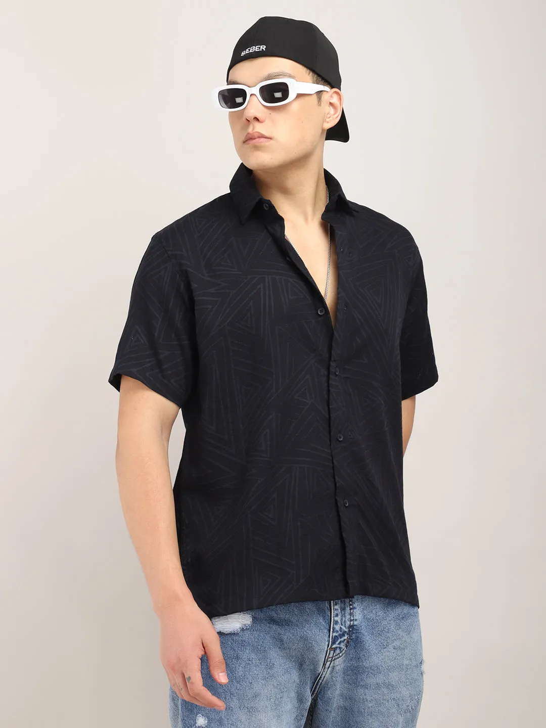 Slumberquilt Black Self-Design Half Sleeve Shirt