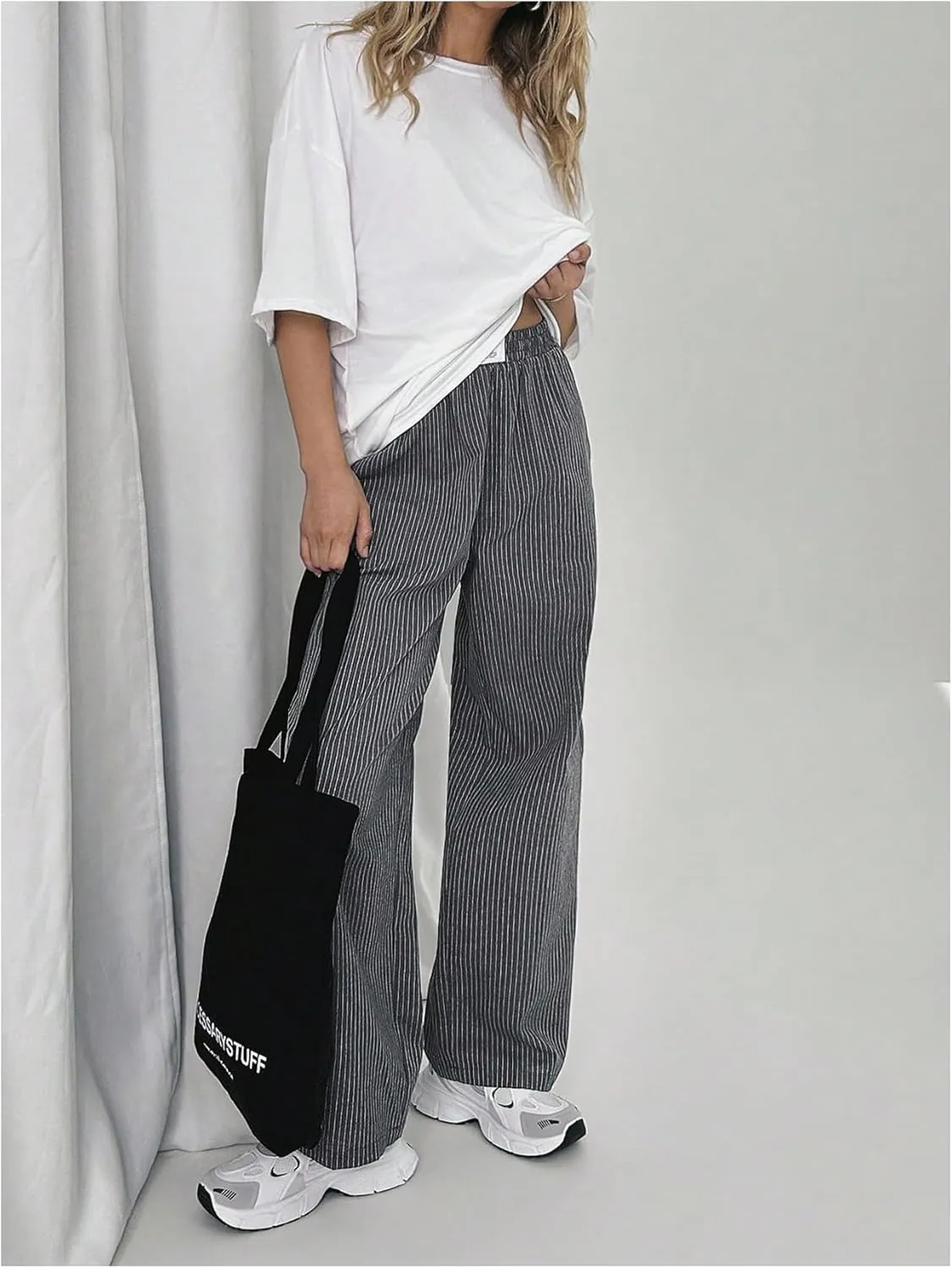 SOLY HUX Womens Striped Print Pants Straight Leg Lounge Casual Baggy Long Trousers
