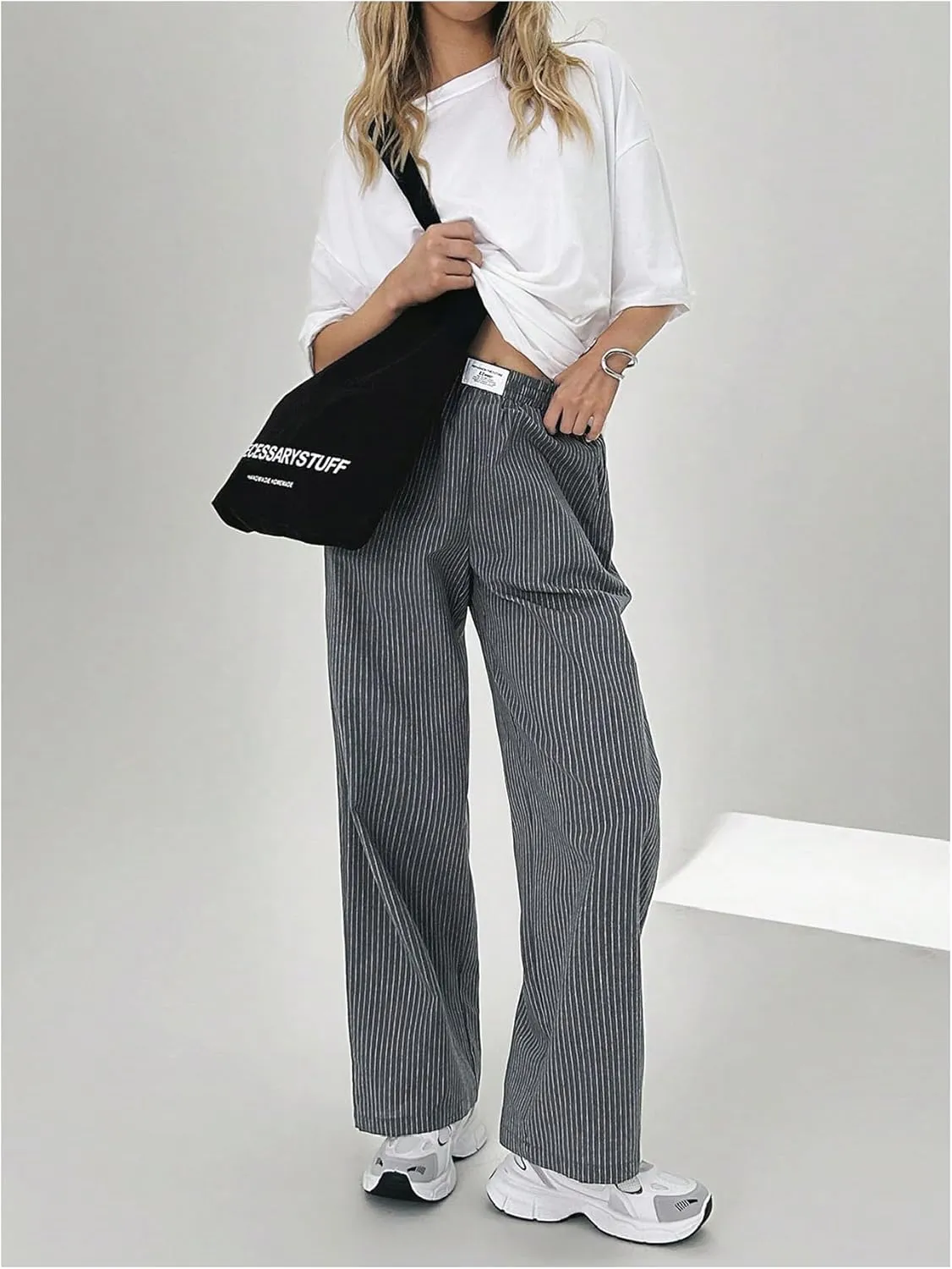SOLY HUX Womens Striped Print Pants Straight Leg Lounge Casual Baggy Long Trousers