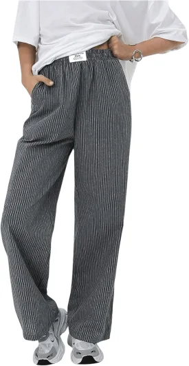 SOLY HUX Womens Striped Print Pants Straight Leg Lounge Casual Baggy Long Trousers
