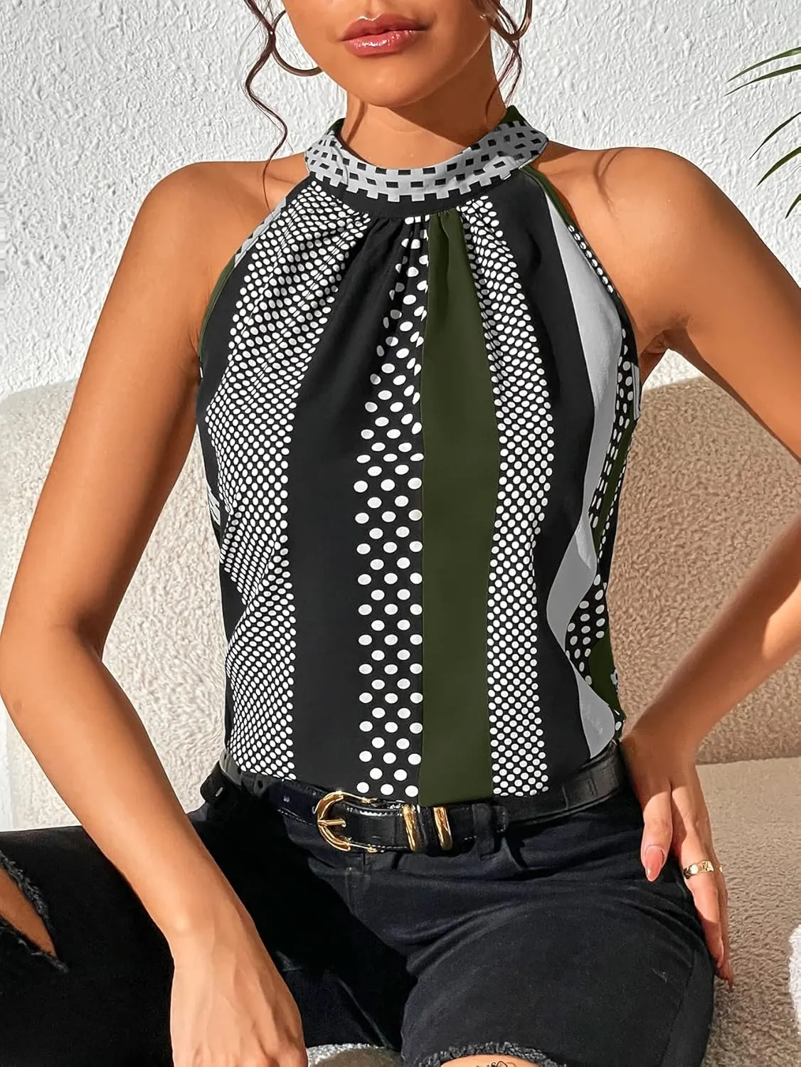 SOLY HUX Women's Summer Halter Tops Keyhole Polka Dots Blouses Striped Tank Top Casual Sleeveless Shirts