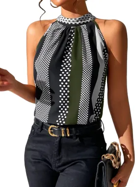 SOLY HUX Women's Summer Halter Tops Keyhole Polka Dots Blouses Striped Tank Top Casual Sleeveless Shirts