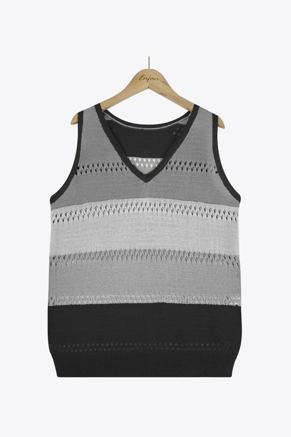 Striped Openwork V-Neck Knit Tank