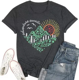 T&Twenties Women Adventure Awaits Mountain T Shirt Summer Camper Hiking Printed Hike Mountain Tree Graphic Travel Tee Shirt