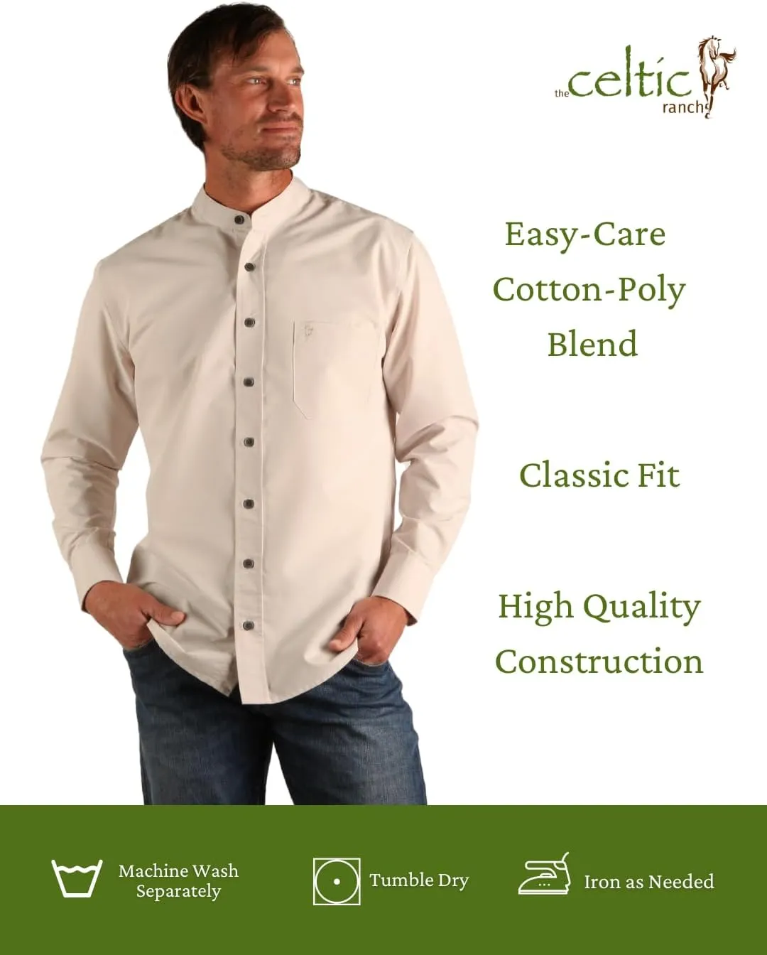 Traditional Irish Grandfather Shirt, Men's Casual Long Sleeve Button Down Poplin Style Dress Shirt with Band Collar