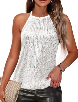 Traleubie Womens Tank Tops Sleeveless Camisole Halter Neck Sparkly Sequin Tops for Women