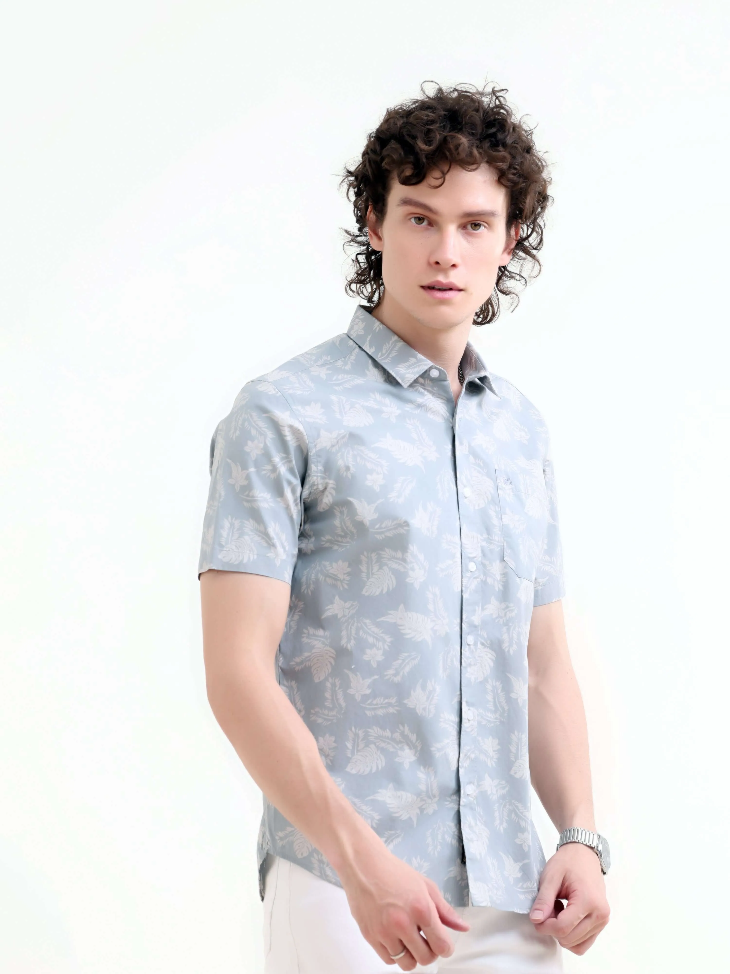 Tropical palm tree dusky blue printed shirt