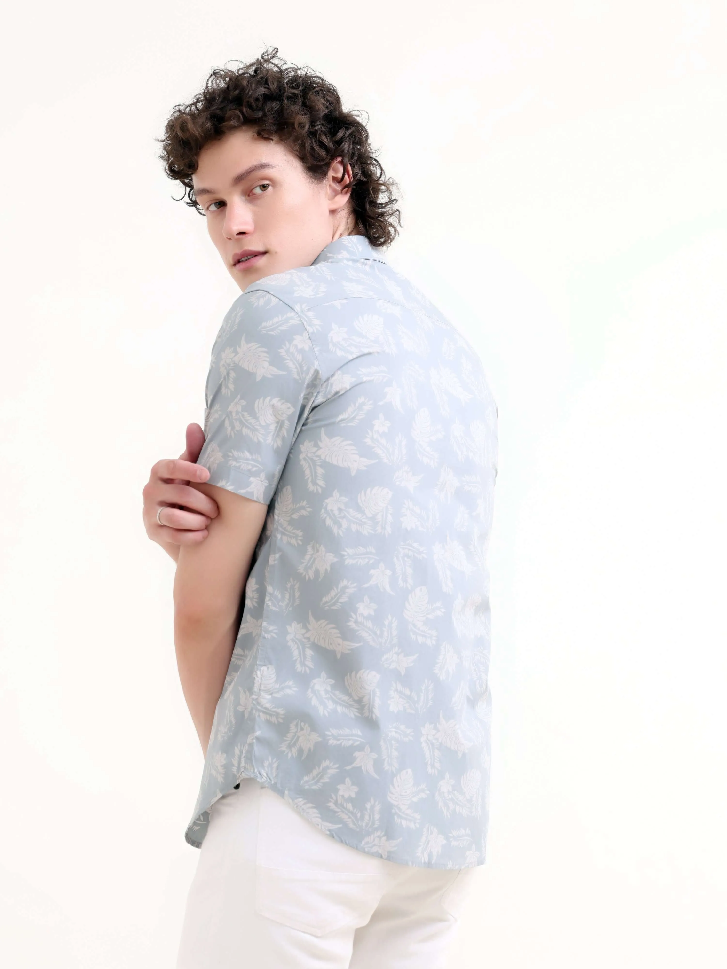 Tropical palm tree dusky blue printed shirt